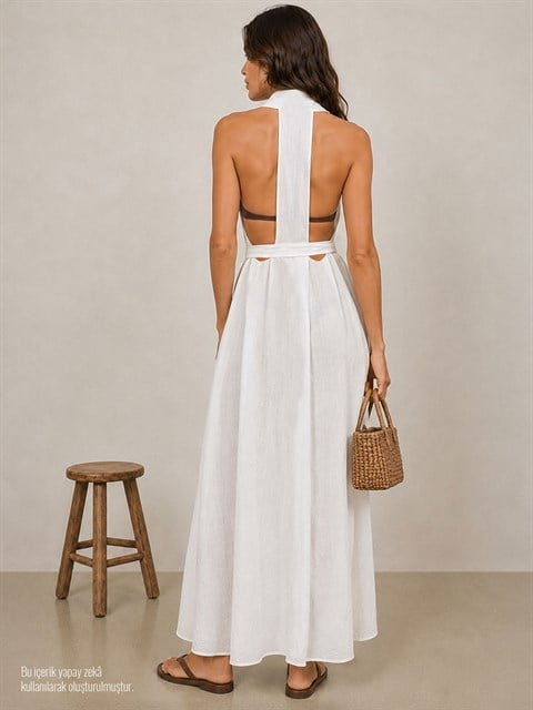 Halter Askı Detaylı Keten Kimono - Beyaz