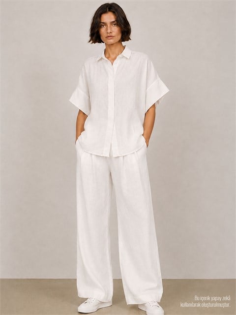 Kısa Kollu Oversize Keten Gömlek - Beyaz