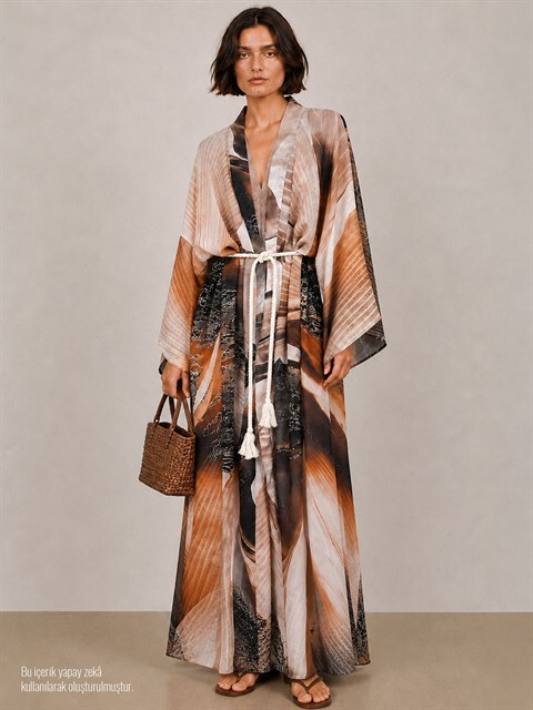 Kuşak Detaylı  Çöl Orkidesi Kimono - Desenli