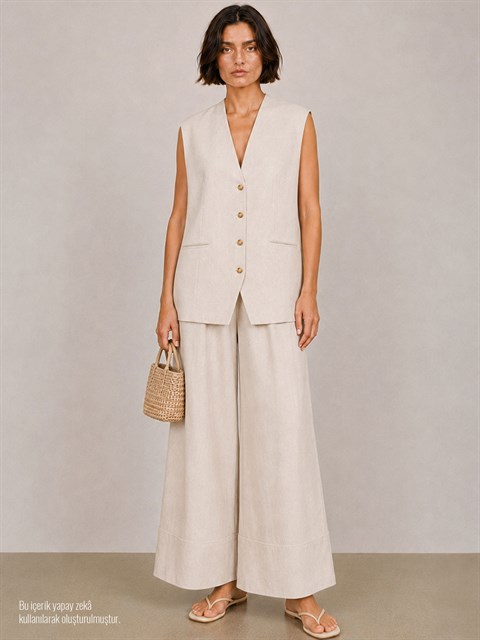 Oversize Keten Yelek - Bej