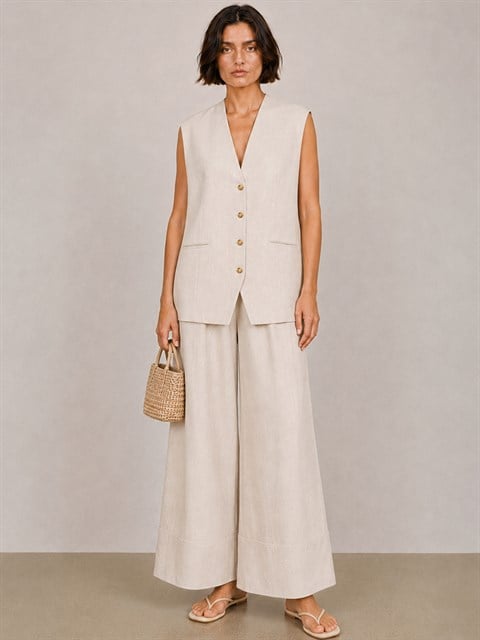Oversize Keten Yelek - Bej