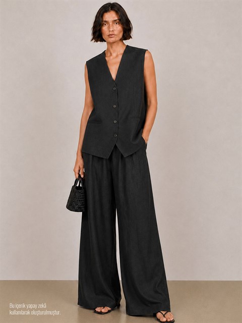 Oversize Keten Yelek - Siyah