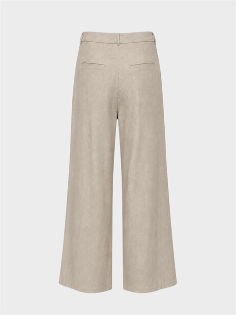 Pile Detaylı Geniş Paçalı Keten Pantolon - Yeşil