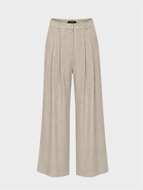 Pile Detaylı Geniş Paçalı Keten Pantolon - Yeşil