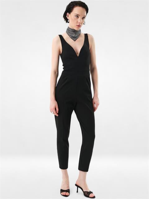 Kalın Askılı Cigarette Paça Tulum - Siyah