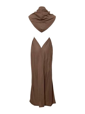 Kapüşonlu Bürümcük Uzun Kimono - Kahve