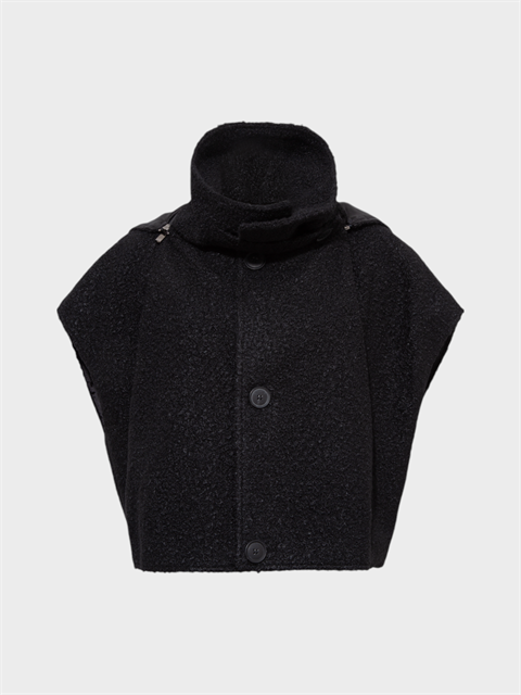Kapüşonlu Yüksek Yakalı Buklet Merinos Yelek - Siyah
