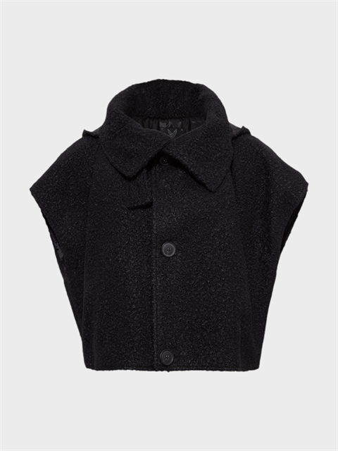Kapüşonlu Yüksek Yakalı Buklet Merinos Yelek - Siyah