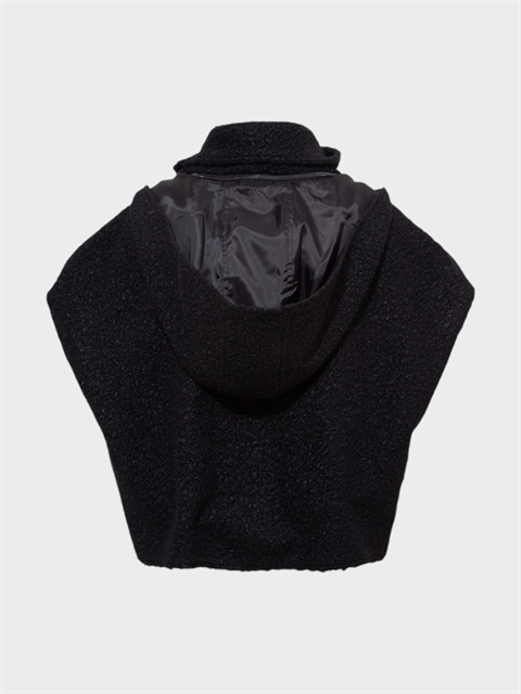 Kapüşonlu Yüksek Yakalı Buklet Merinos Yelek - Siyah