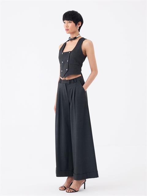 Katlı Paça Pileli Bol Kumaş Pantolon - Antrasit Çizgili