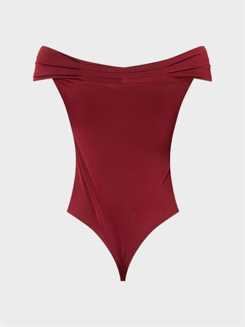 Kayık Yaka Büzgü Detaylı Kolsuz Body - Bordo