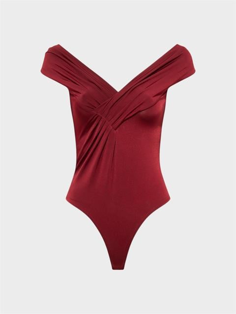 Kayık Yaka Büzgü Detaylı Kolsuz Body - Bordo