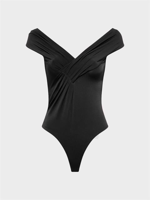 Kayık Yaka Büzgü Detaylı Kolsuz Body - Siyah