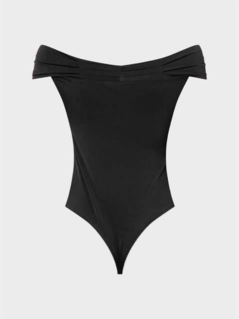 Kayık Yaka Büzgü Detaylı Kolsuz Body - Siyah