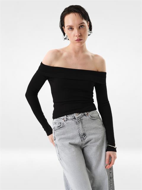 Kayık Yaka Uzun Kol Body - Siyah