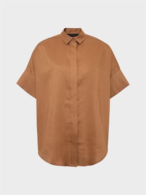 Kısa Kollu Oversize Keten Gömlek - Kahve