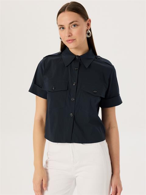 Kısa Kol Düğme Detaylı Gömlek - Lacivert