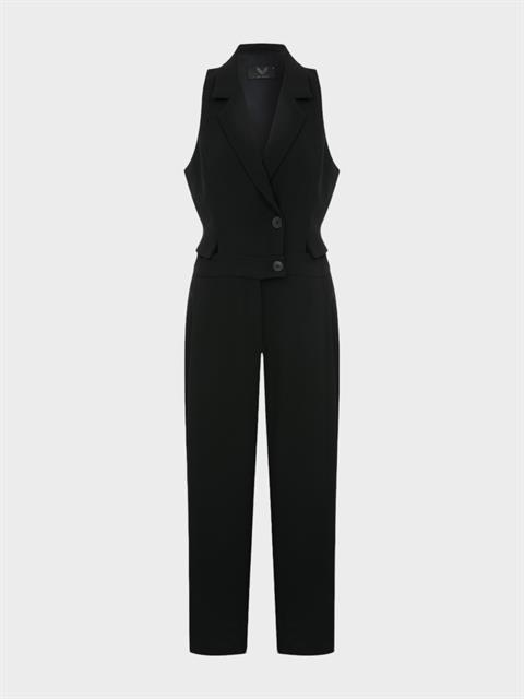 Kolsuz Ceket Yakalı Düğmeli Bel Dekolteli Şık Tulum -Siyah