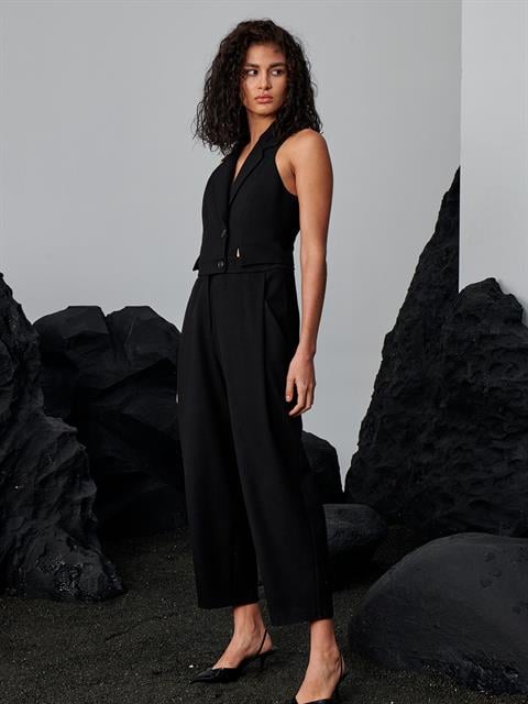 Kolsuz Ceket Yakalı Düğmeli Bel Dekolteli Şık Tulum -Siyah