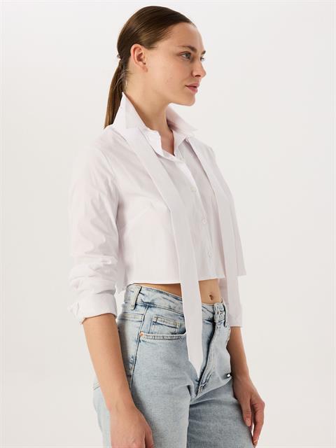 Kravat Aksesuarlı Kısa Koton Gömlek - Beyaz