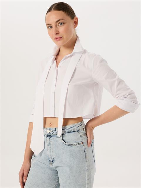 Kravat Aksesuarlı Kısa Koton Gömlek - Beyaz