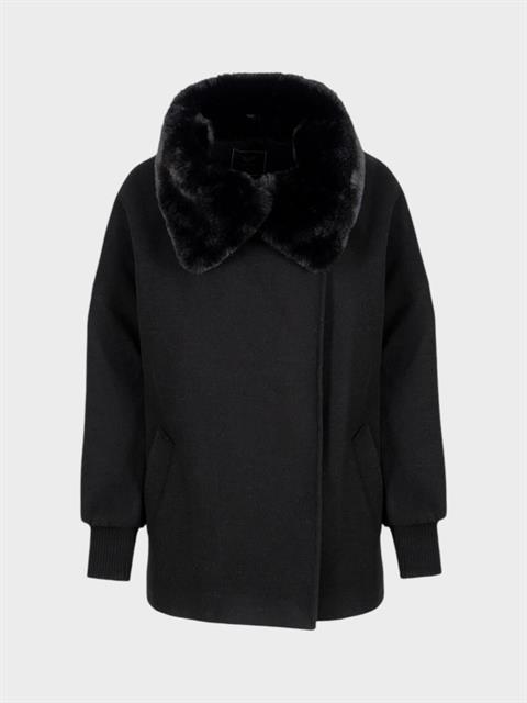 Kürk Yakalı Kaşe Kaban - Siyah