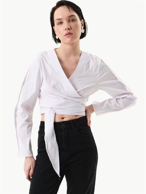 Kuşaklı Koton Gömlek - Beyaz