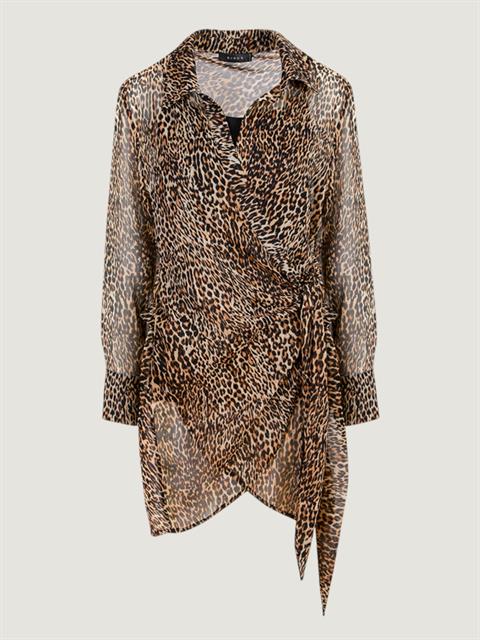 Leopar Desenli Bağlama Detaylı Şifon Elbise - Leopar