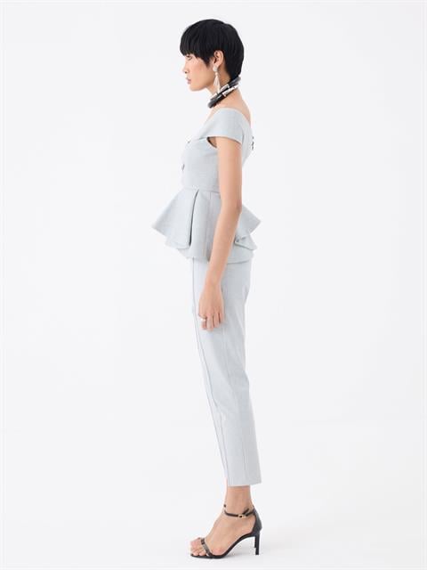 Nervür Dikişli Sigara Paça Yüksek Bel Pantolon - Gri Çizgili