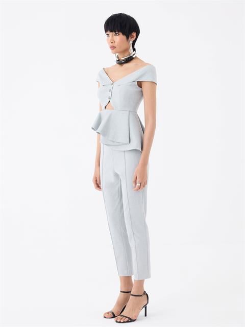 Nervür Dikişli Sigara Paça Yüksek Bel Pantolon - Gri Çizgili