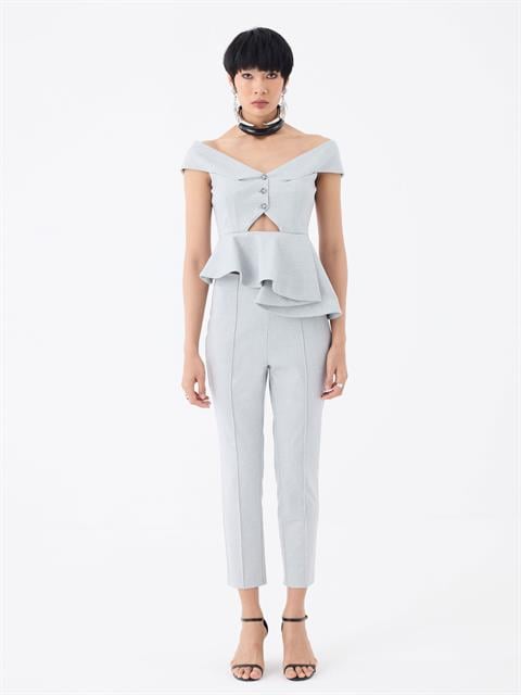 Nervür Dikişli Sigara Paça Yüksek Bel Pantolon - Gri Çizgili