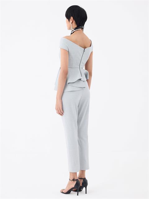 Nervür Dikişli Sigara Paça Yüksek Bel Pantolon - Gri Çizgili