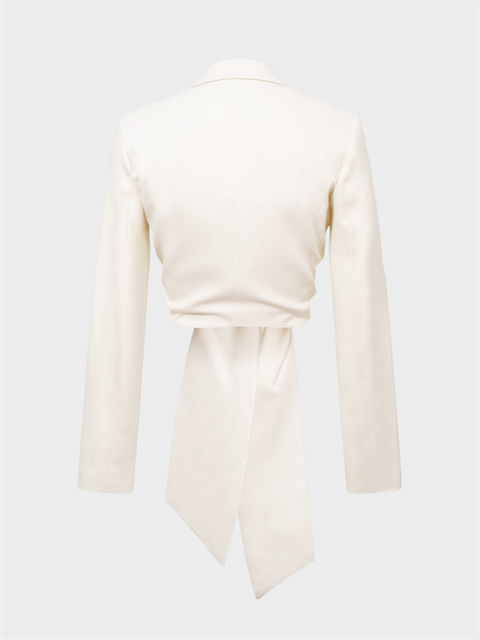 Önden Bağlama Detaylı Uzun Kollu Crop Ceket - Ekru