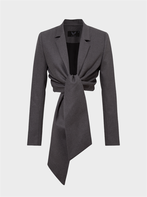 Önden Bağlama Detaylı Uzun Kollu Crop Ceket - Füme