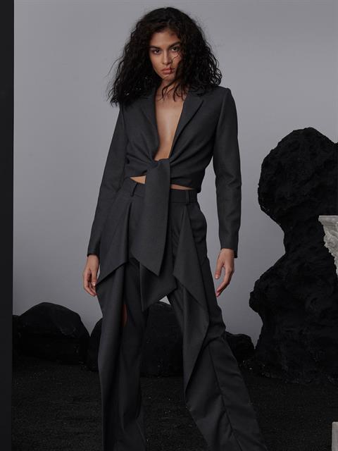 Önden Bağlama Detaylı Uzun Kollu Crop Ceket - Füme