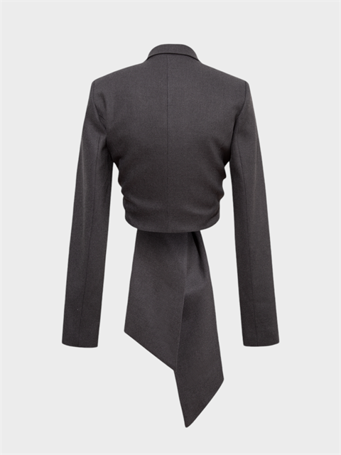 Önden Bağlama Detaylı Uzun Kollu Crop Ceket - Füme