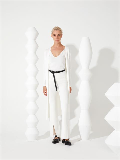 Önden Yırtmaçlı Midi Boy Triko Pantolon - Ekru