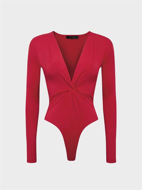 Önü Burgu Detaylı Uzun Kol İkonik Body - Kırmızı