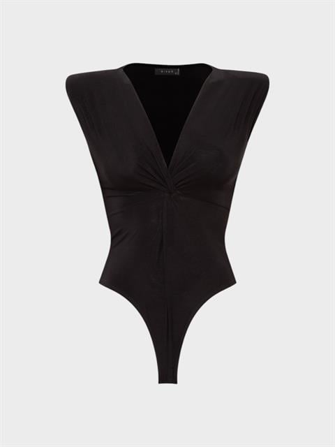 Önü Burgu ve Omuzları Vatka Detaylı Kolsuz İkonik Body - Siyah