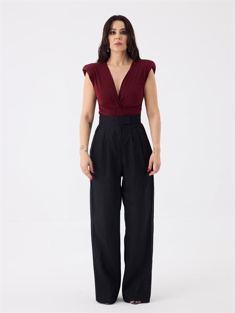 Önü Burgu ve Omuzları Vatka Detaylı Kolsuz İkonik Body - Bordo