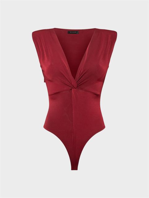 Önü Burgu ve Omuzları Vatka Detaylı Kolsuz İkonik Body - Bordo