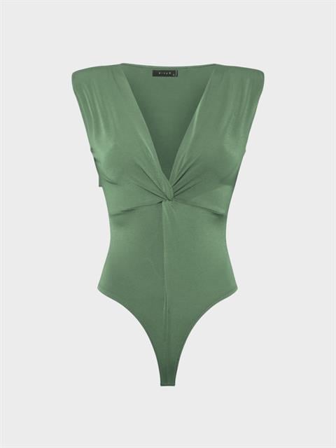 Önü Burgu ve Omuzları Vatka Detaylı Kolsuz İkonik Body - Haki