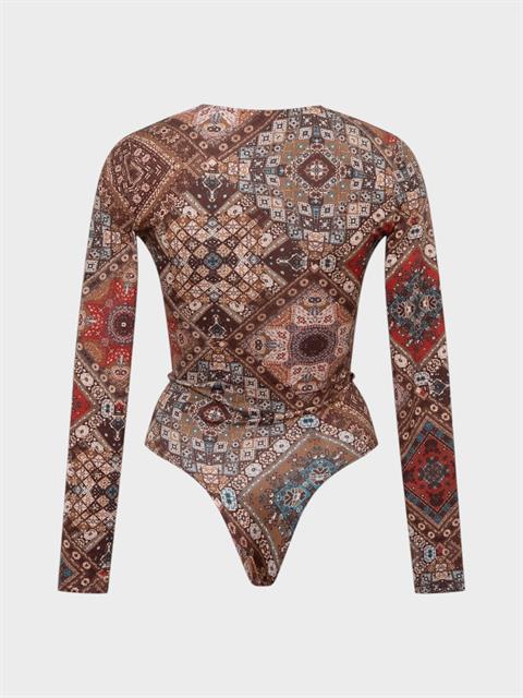 Önü Burgulu Uzun Kol Body - Bohemian Desenli