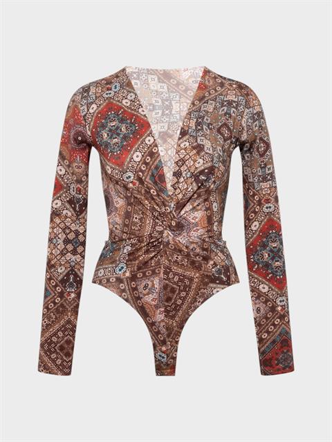 Önü Burgulu Uzun Kol Body - Bohemian Desenli