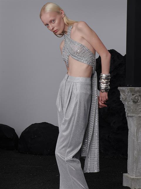 Önü Çapraz Arkası Fermuarlı Şık Üst - Gümüş