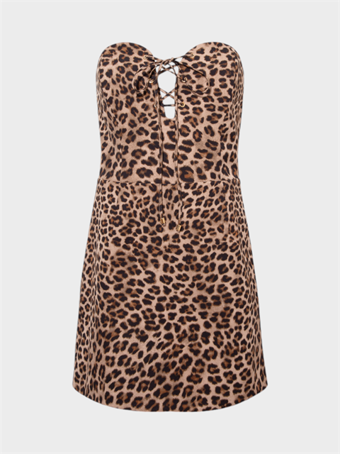 Önü Dekolteli Bağcıklı Kalp Yaka Straplez Kesim Şık Mini Elbise - Leopar