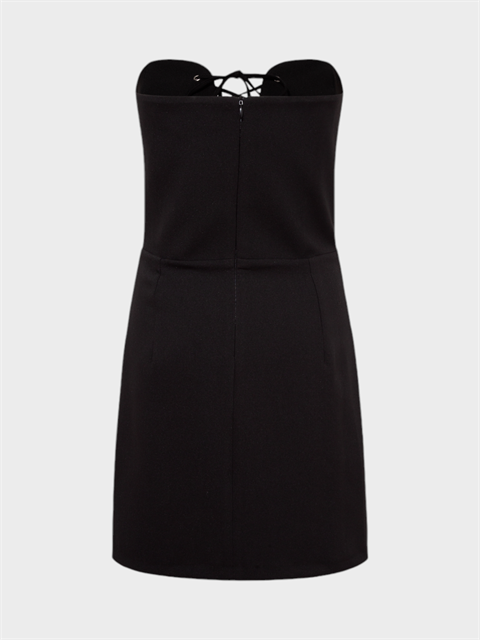 Önü Dekolteli Bağcıklı Kalp Yaka Straplez Kesim Şık Mini Elbise - Siyah