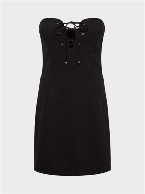 Önü Dekolteli Bağcıklı Kalp Yaka Straplez Kesim Şık Mini Elbise - Siyah