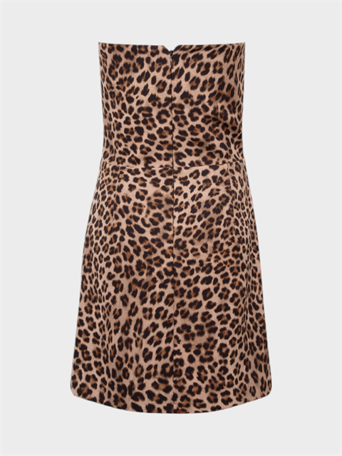 Önü Dekolteli Bağcıklı Kalp Yaka Straplez Kesim Şık Mini Elbise - Leopar