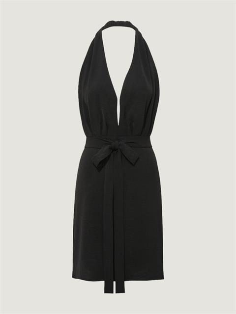 Önü Dekolteli Boyundan Askılı Kısa Elbise - Siyah